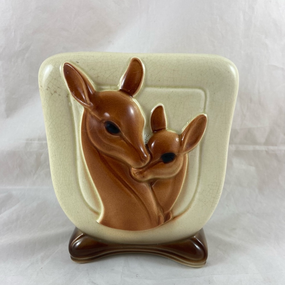 Vintage 1940s - 1950s Royal Copley Deer w/Fawn Ceramic Vase Planter 6.25” Tall.